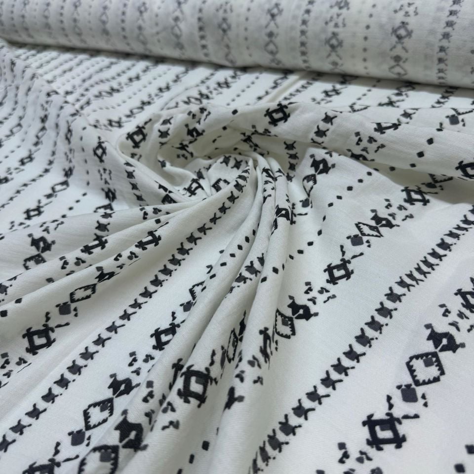 Organik Çift Kat Müslin Kumaş Etnik Desenli %100 Pamuk Siyah Beyaz