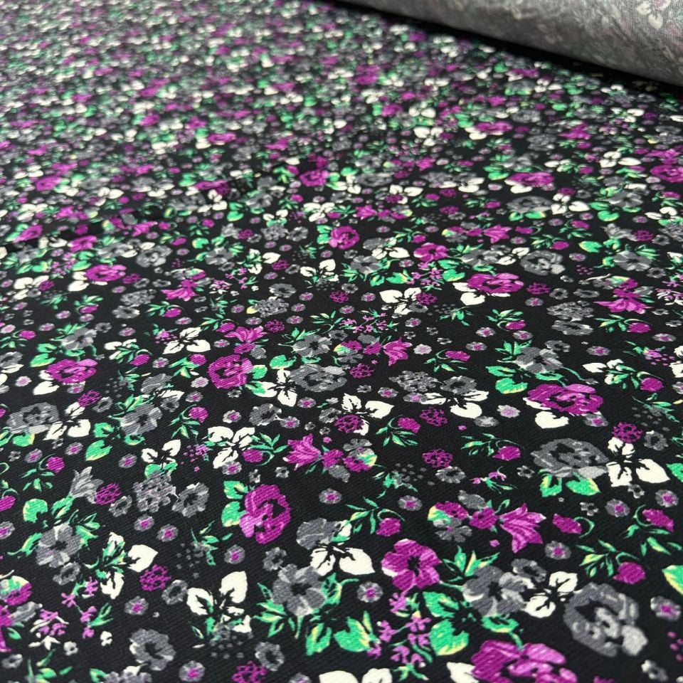 Fitilli Kord Empirme Viskon Kumaş En 180 cm Mor Çiçek Desenli