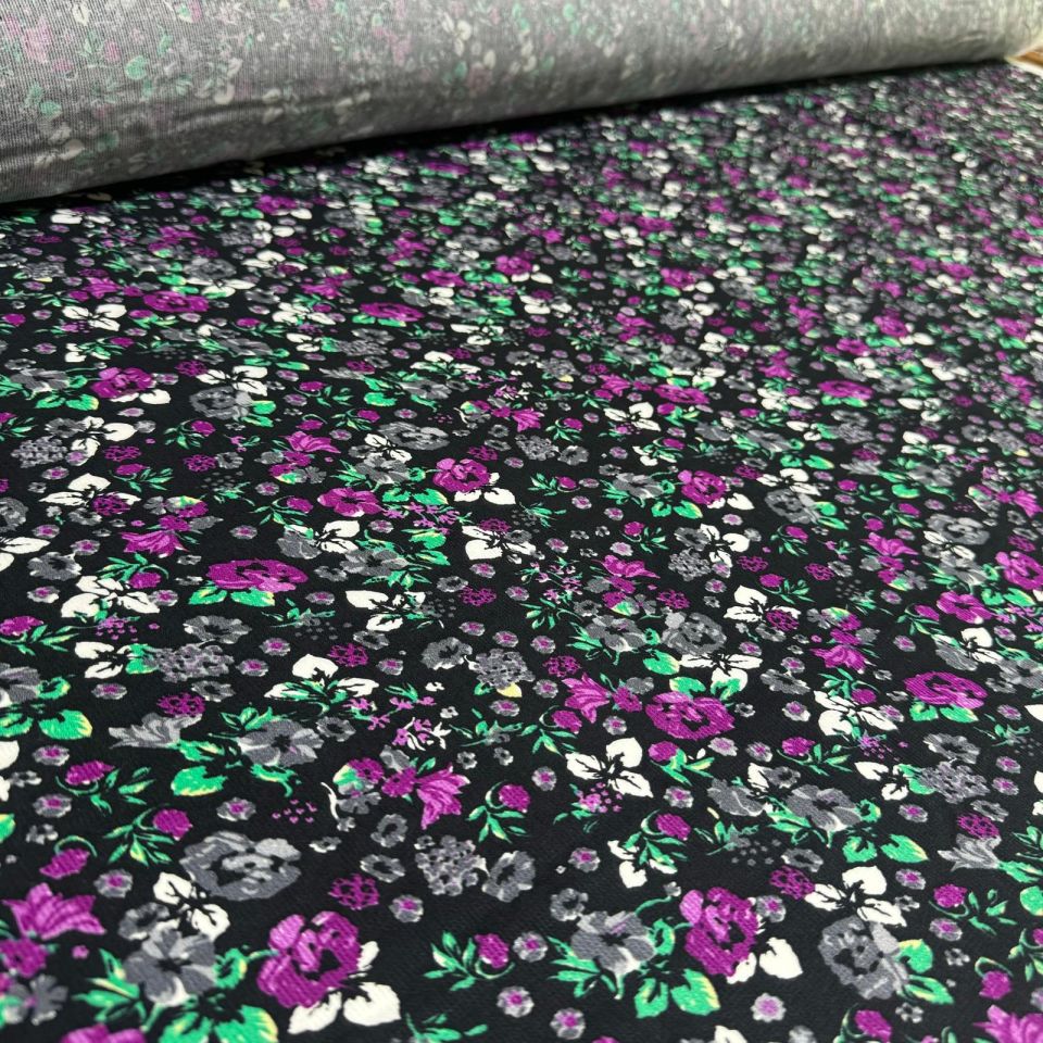 Fitilli Kord Empirme Viskon Kumaş En 180 cm Mor Çiçek Desenli