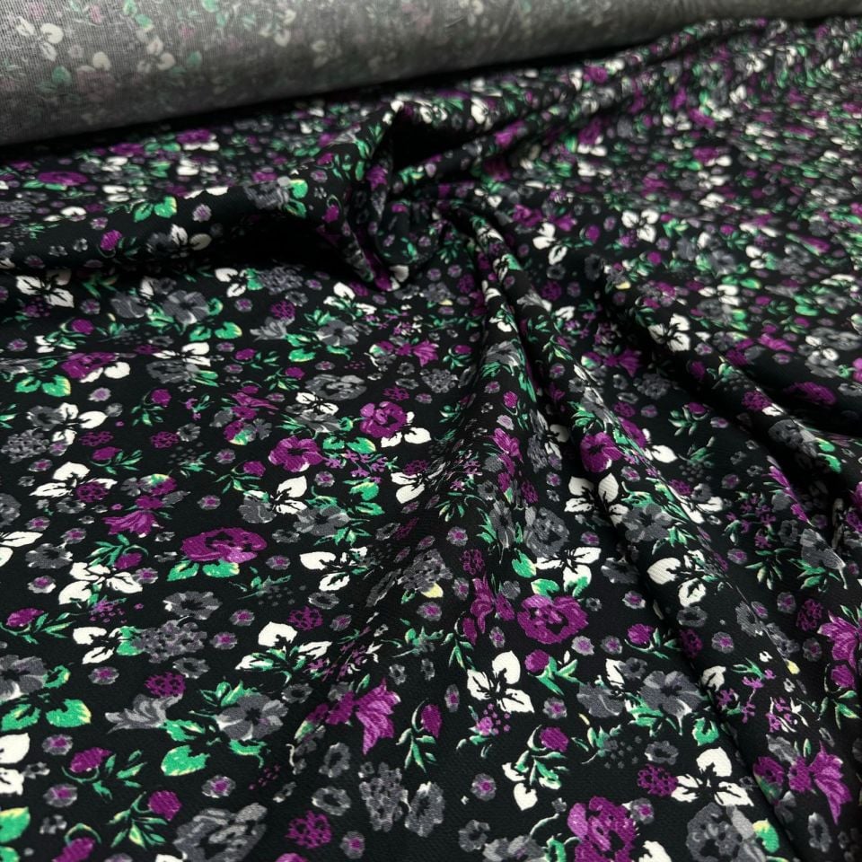 Fitilli Kord Empirme Viskon Kumaş En 180 cm Mor Çiçek Desenli