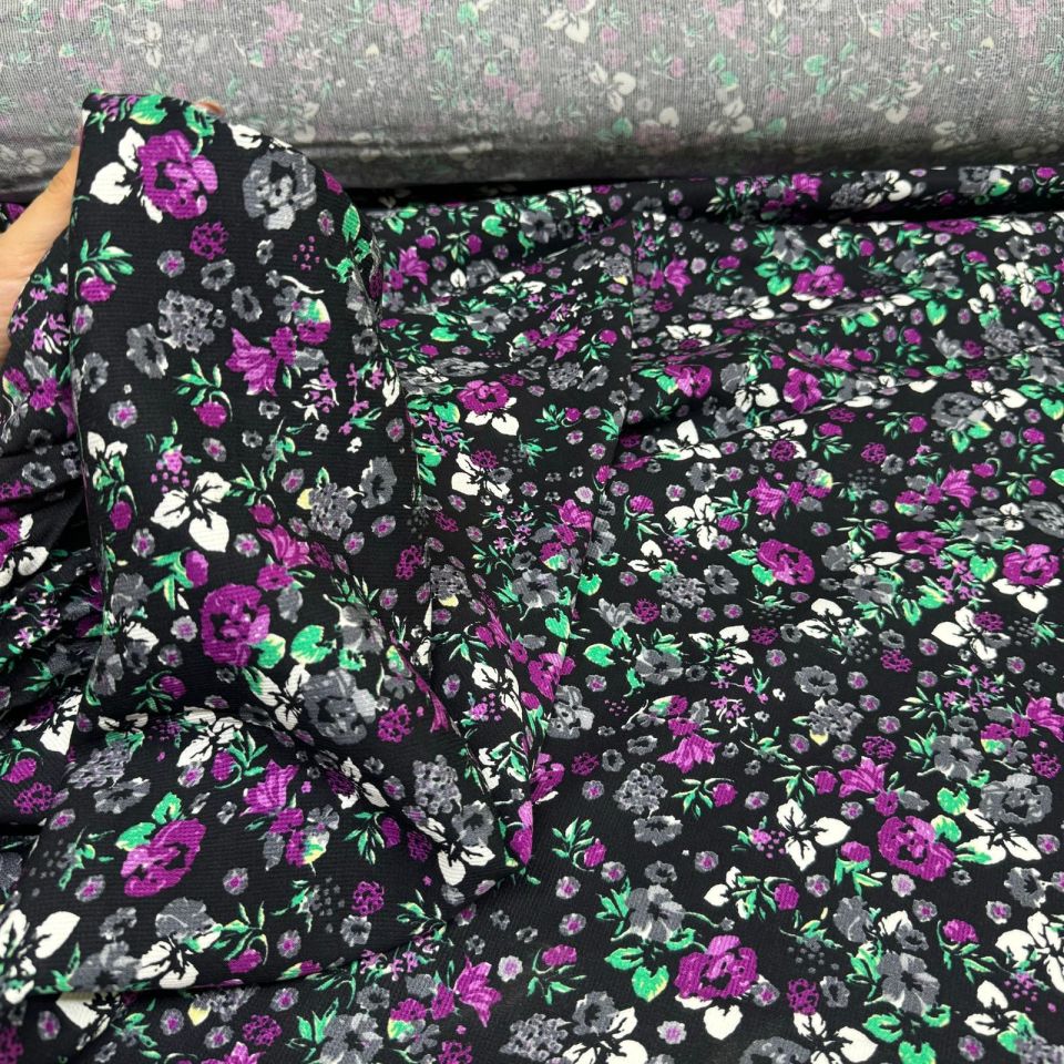 Fitilli Kord Empirme Viskon Kumaş En 180 cm Mor Çiçek Desenli