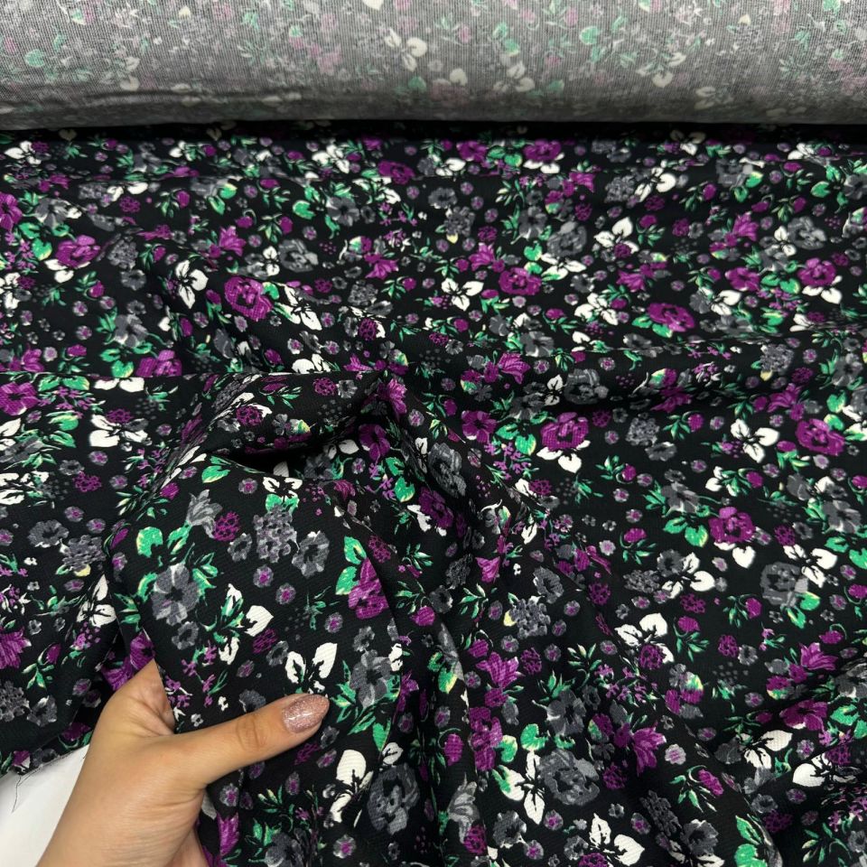 Fitilli Kord Empirme Viskon Kumaş En 180 cm Mor Çiçek Desenli