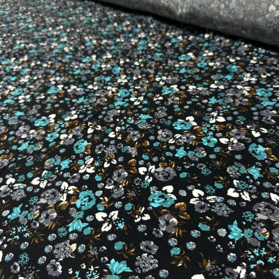 Fitilli Kord Empirme Viskon Kumaş En 180 cm Turkuaz Çiçek Desenli