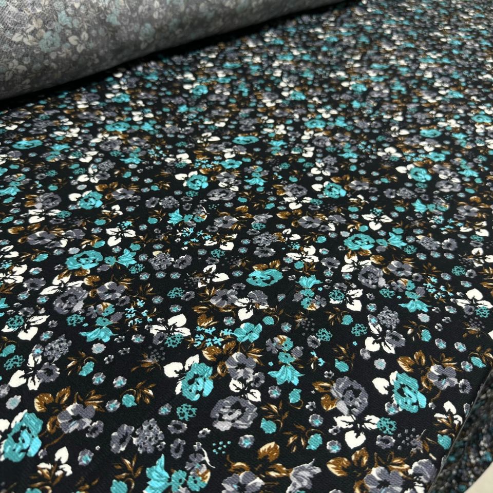 Fitilli Kord Empirme Viskon Kumaş En 180 cm Turkuaz Çiçek Desenli