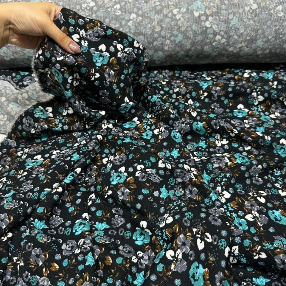 Fitilli Kord Empirme Viskon Kumaş En 180 cm Turkuaz Çiçek Desenli