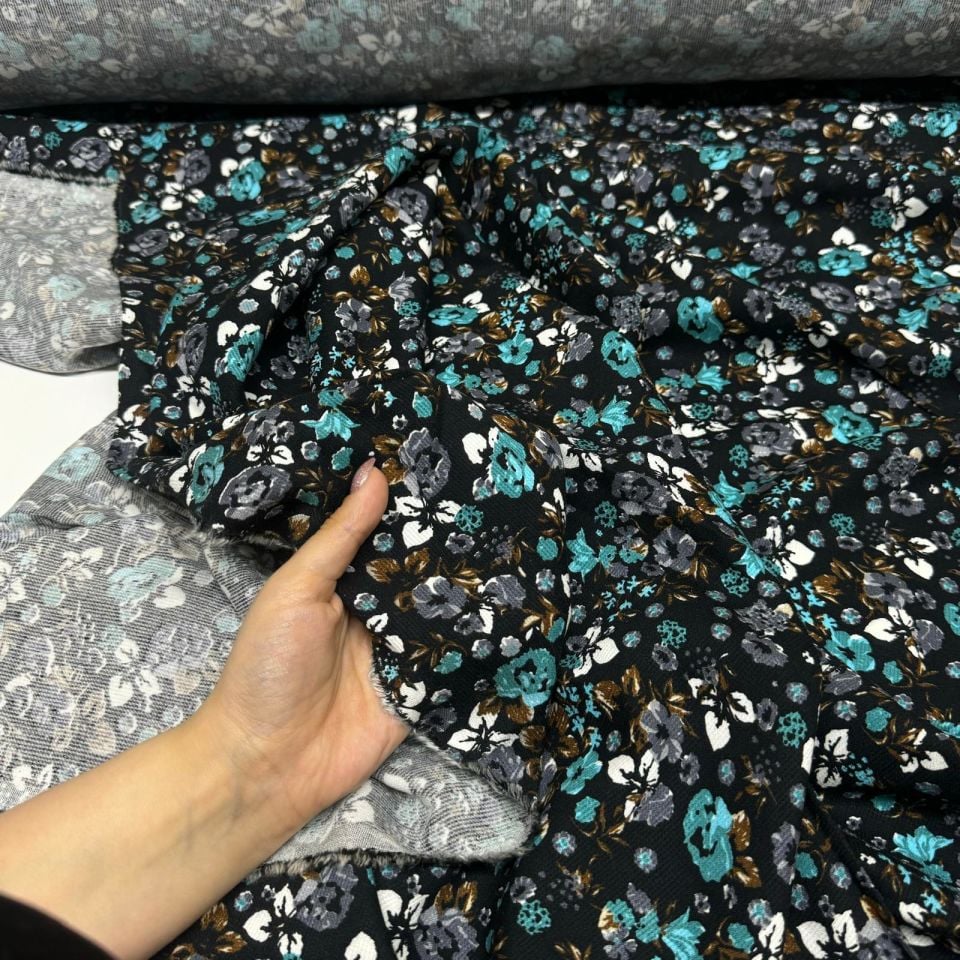 Fitilli Kord Empirme Viskon Kumaş En 180 cm Turkuaz Çiçek Desenli