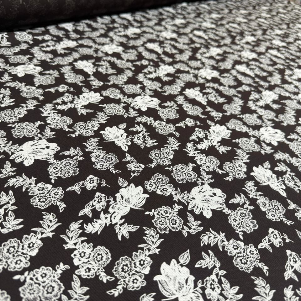 Fitilli Kord Empirme Viskon Kumaş En 180 cm Koyu Kahverengi Çiçek Desenli