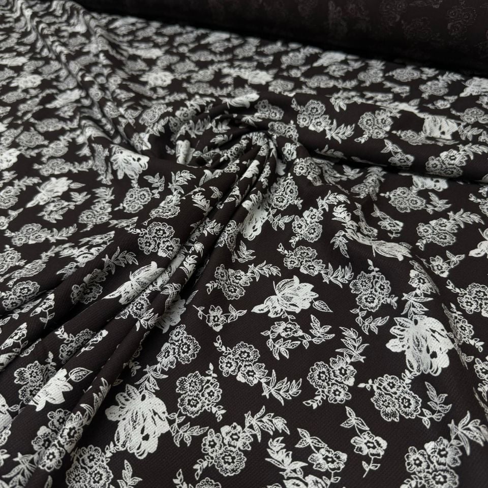 Fitilli Kord Empirme Viskon Kumaş En 180 cm Koyu Kahverengi Çiçek Desenli