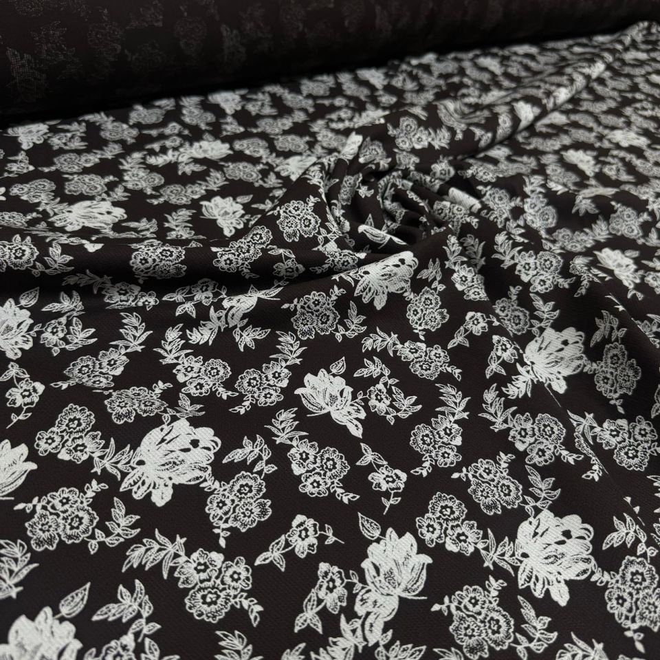 Fitilli Kord Empirme Viskon Kumaş En 180 cm Koyu Kahverengi Çiçek Desenli