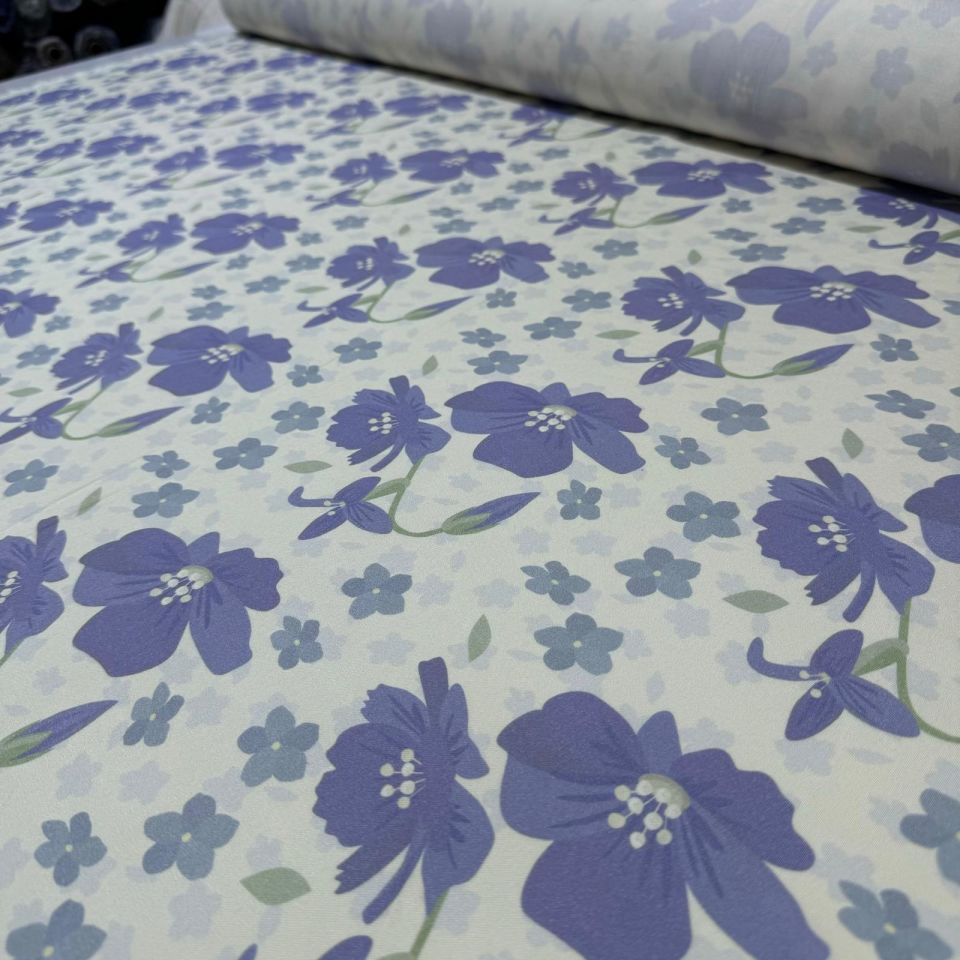 Belmando Viskon Kumaş %100 Pamuk Mor Çiçek Desenli Çift En