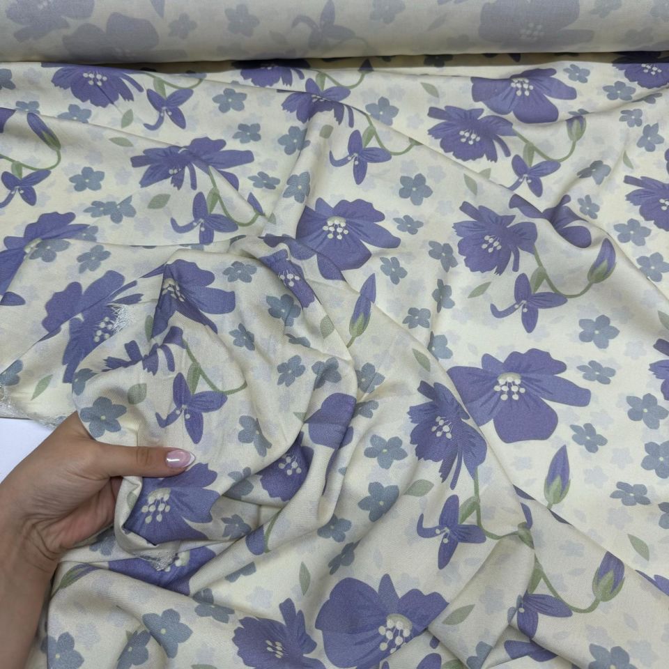 Belmando Viskon Kumaş %100 Pamuk Mor Çiçek Desenli Çift En