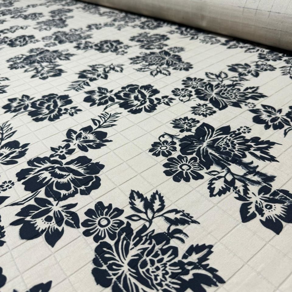 Kapitone Kumaş Çift En Bej Renk Çiçek Desenli