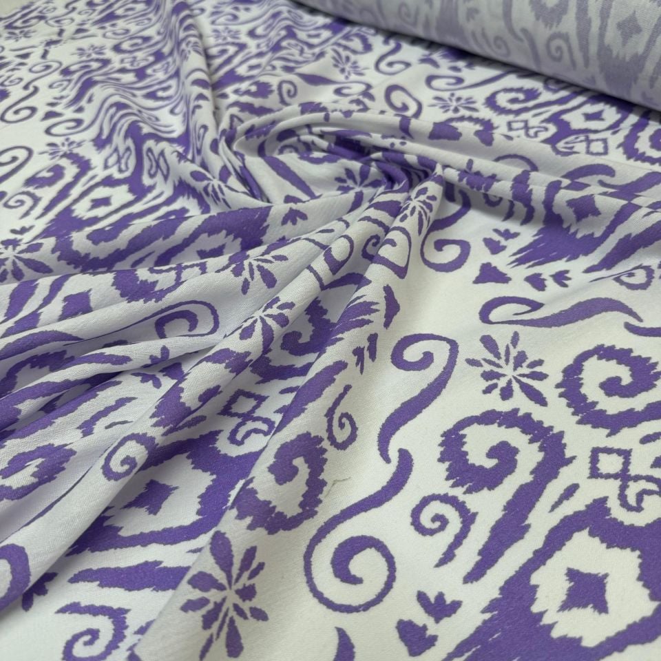 Krinkıl Kumaş Etnik Desenli Mor Renk Çift En %100 Pamuk