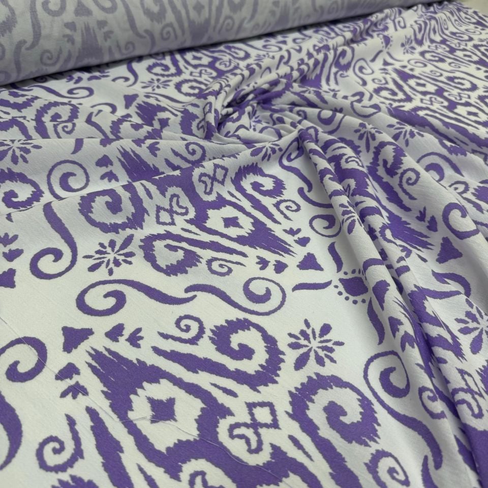 Krinkıl Kumaş Etnik Desenli Mor Renk Çift En %100 Pamuk