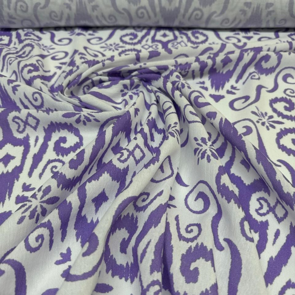 Krinkıl Kumaş Etnik Desenli Mor Renk Çift En %100 Pamuk