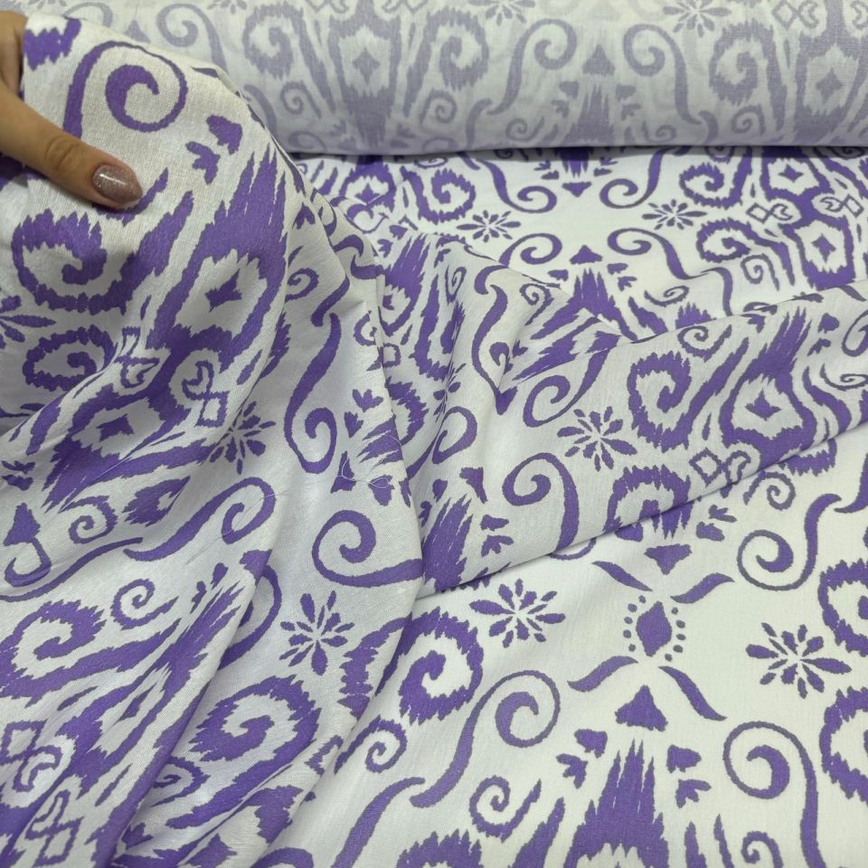 Krinkıl Kumaş Etnik Desenli Mor Renk Çift En %100 Pamuk