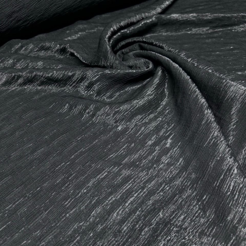 Parlak Krinkıl Kumaş Çift En Siyah Renk Işıltılı