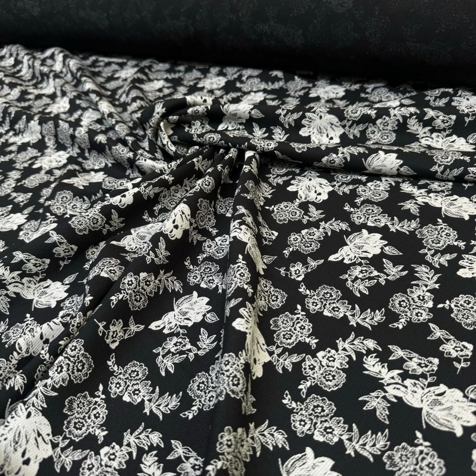 Fitilli Kord Empirme Viskon Kumaş En 180 cm Siyah Çiçek Desenli