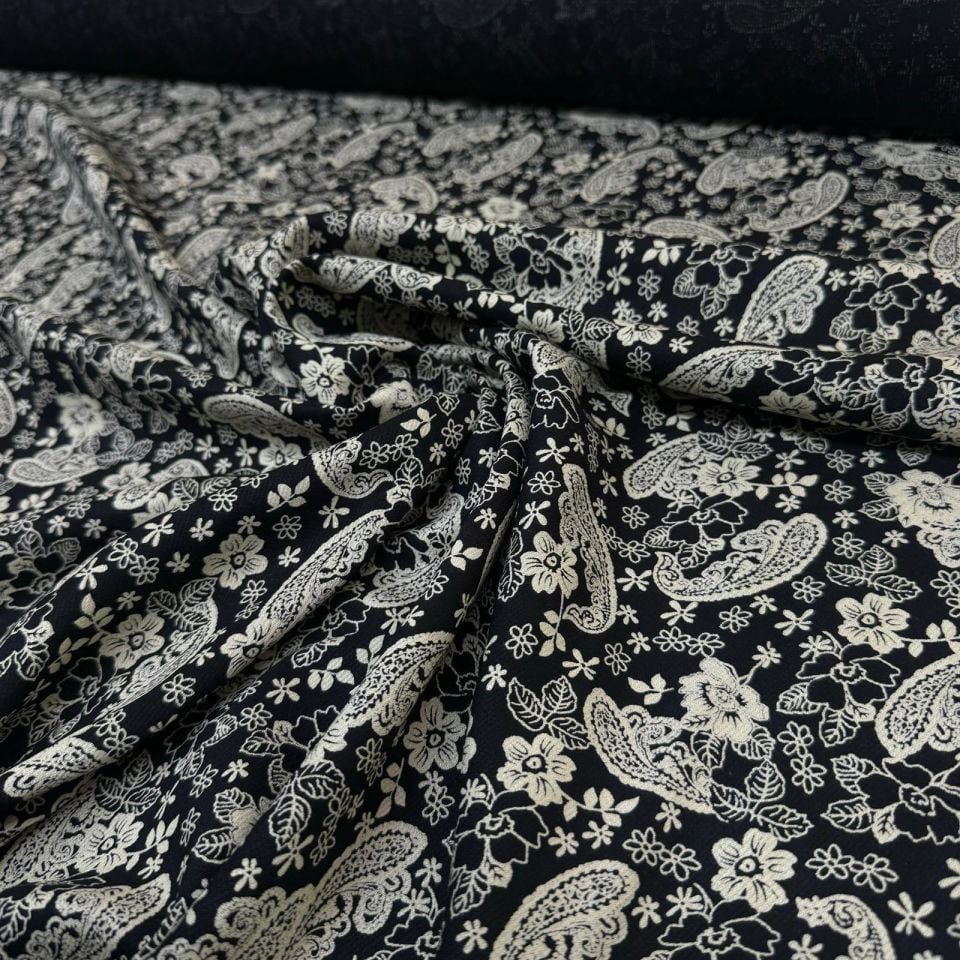 Fitilli Kord Empirme Viskon Kumaş En 180 cm Şal Desen Çiçekli Siyah