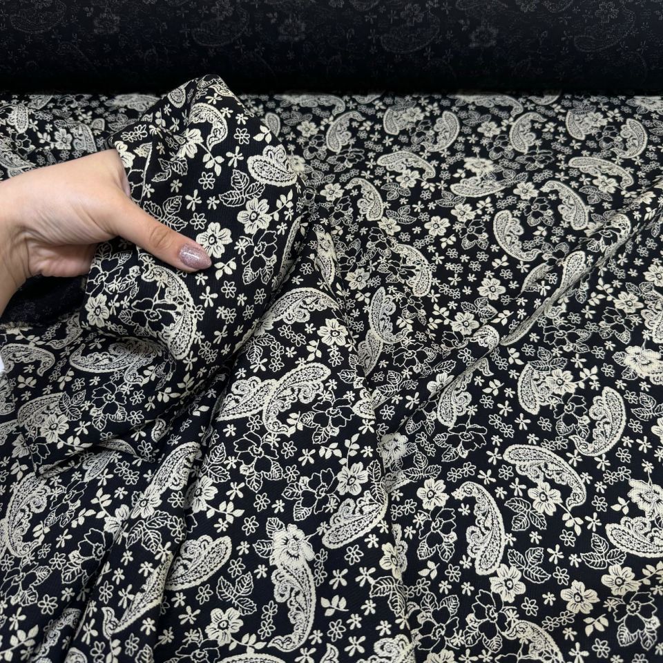 Fitilli Kord Empirme Viskon Kumaş En 180 cm Şal Desen Çiçekli Siyah