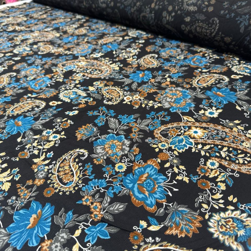 Fitilli Kord Empirme Viskon Kumaş En 180 cm Mavi Çiçek Desenli