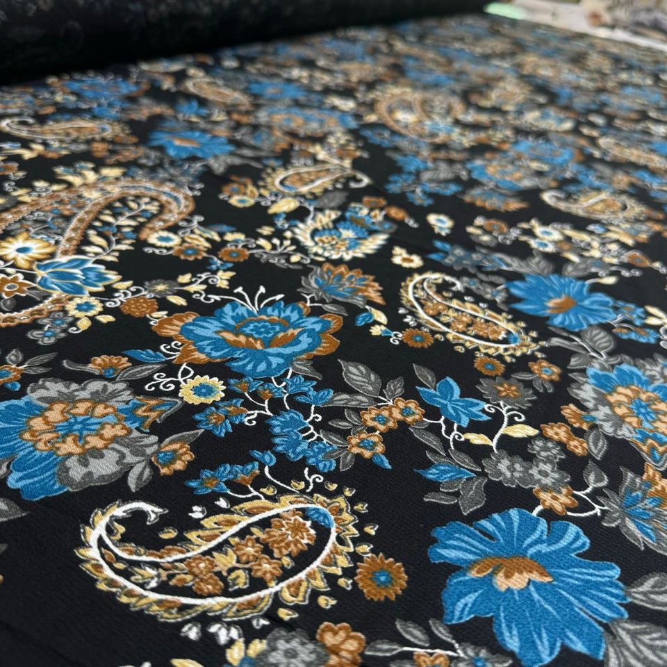 Fitilli Kord Empirme Viskon Kumaş En 180 cm Mavi Çiçek Desenli