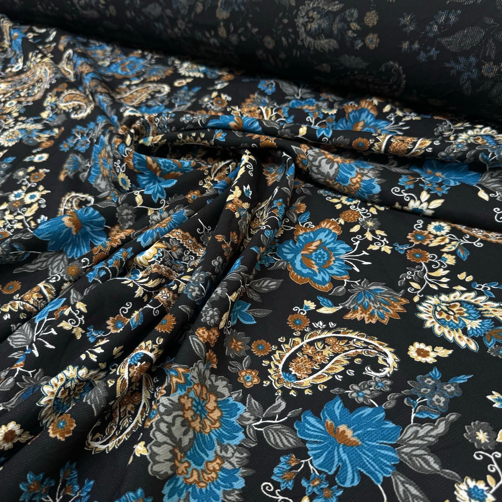 Fitilli Kord Empirme Viskon Kumaş En 180 cm Mavi Çiçek Desenli