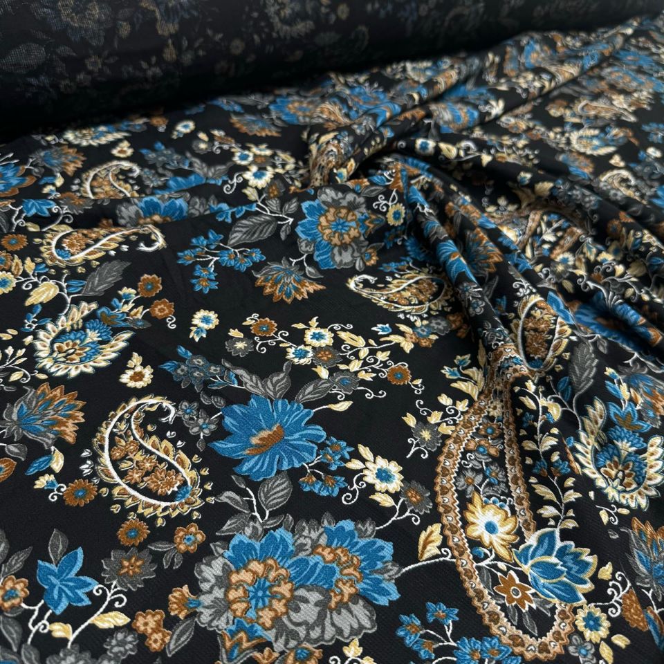 Fitilli Kord Empirme Viskon Kumaş En 180 cm Mavi Çiçek Desenli