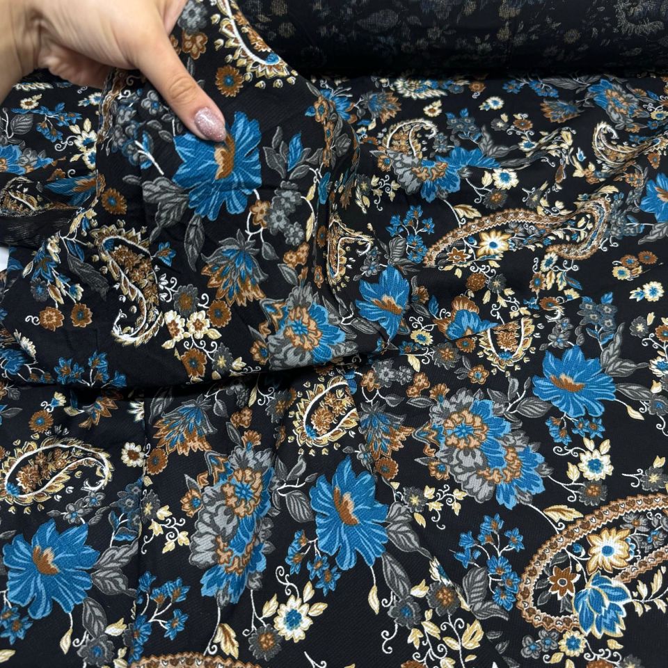 Fitilli Kord Empirme Viskon Kumaş En 180 cm Mavi Çiçek Desenli