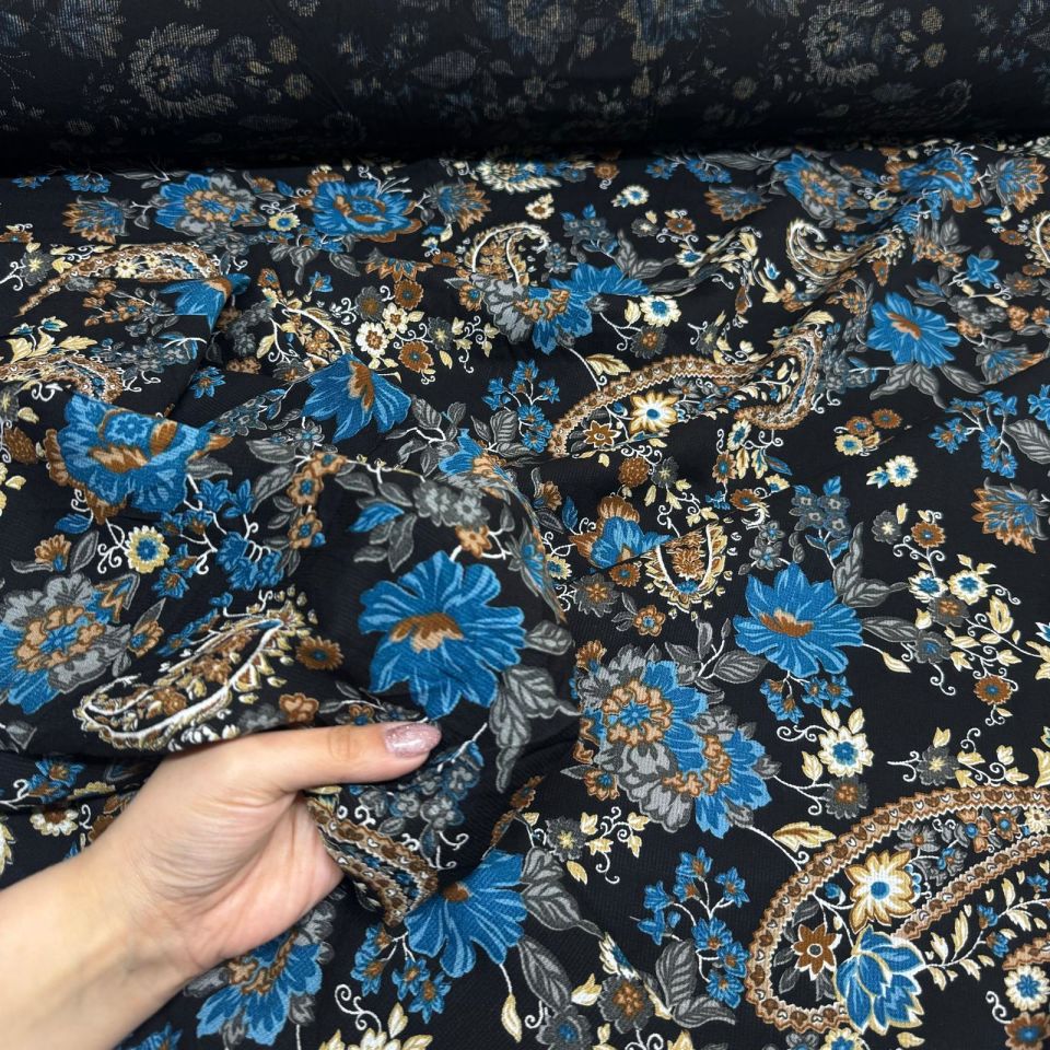 Fitilli Kord Empirme Viskon Kumaş En 180 cm Mavi Çiçek Desenli