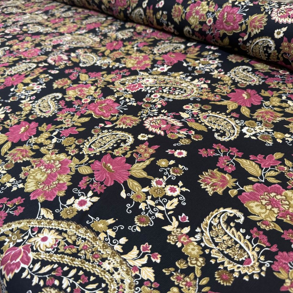 Fitilli Kord Empirme Viskon Kumaş En 180 cm Pembe Çiçek Desenli