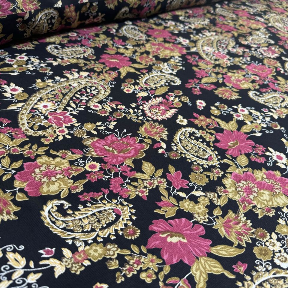 Fitilli Kord Empirme Viskon Kumaş En 180 cm Pembe Çiçek Desenli