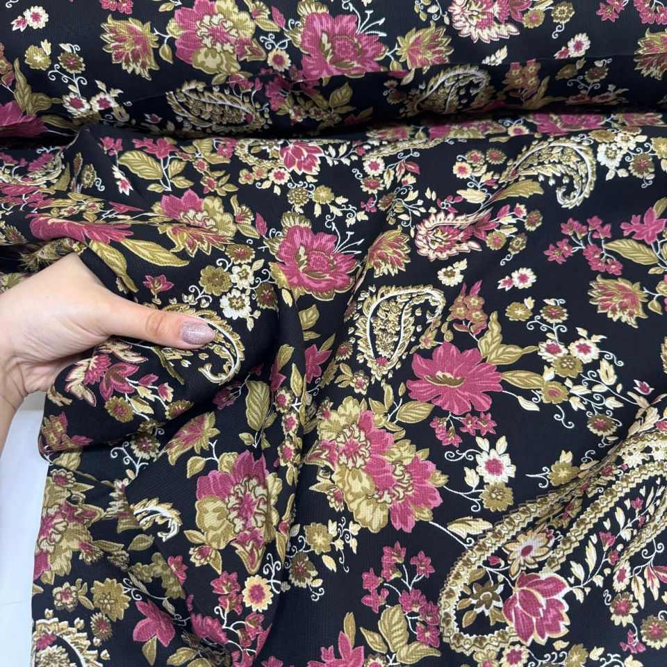 Fitilli Kord Empirme Viskon Kumaş En 180 cm Pembe Çiçek Desenli