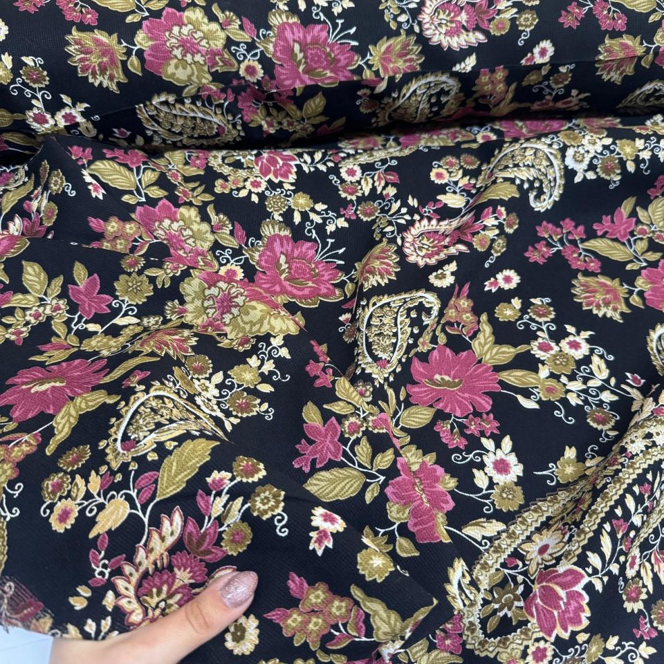 Fitilli Kord Empirme Viskon Kumaş En 180 cm Pembe Çiçek Desenli