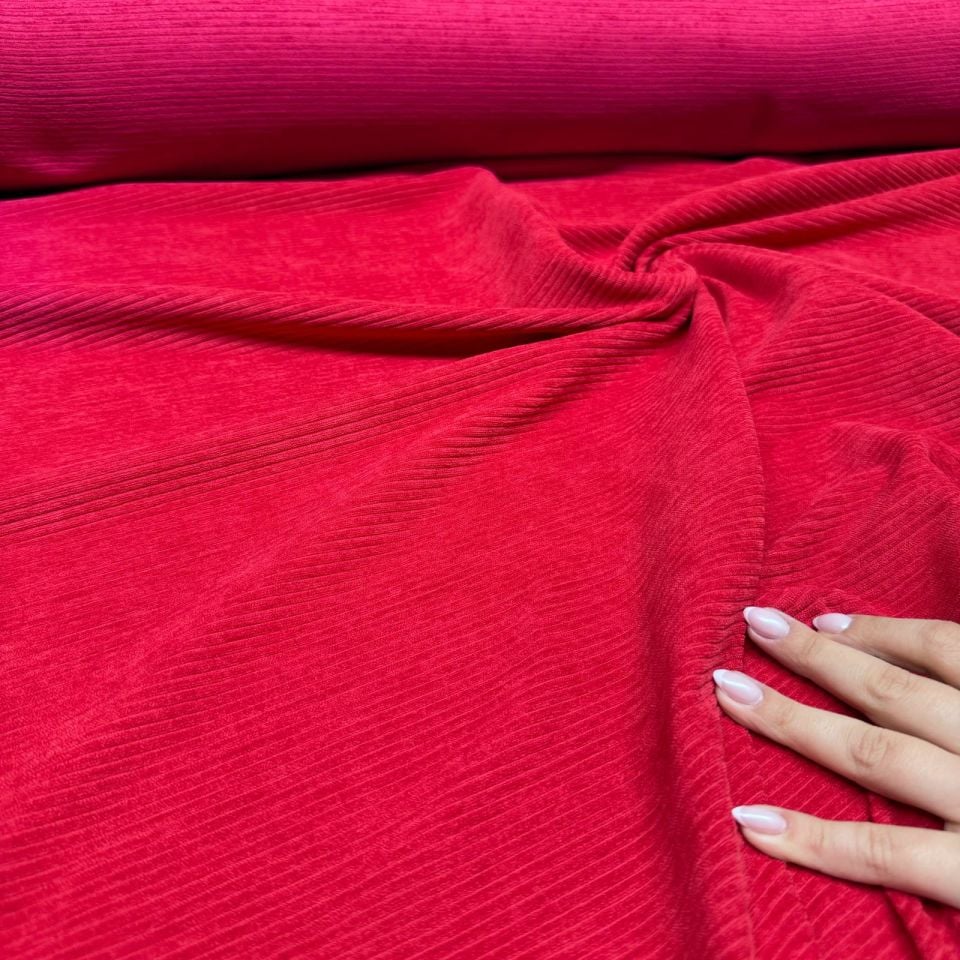İtalyan Fitilli Kadife Kumaş Çift En Kırmızı