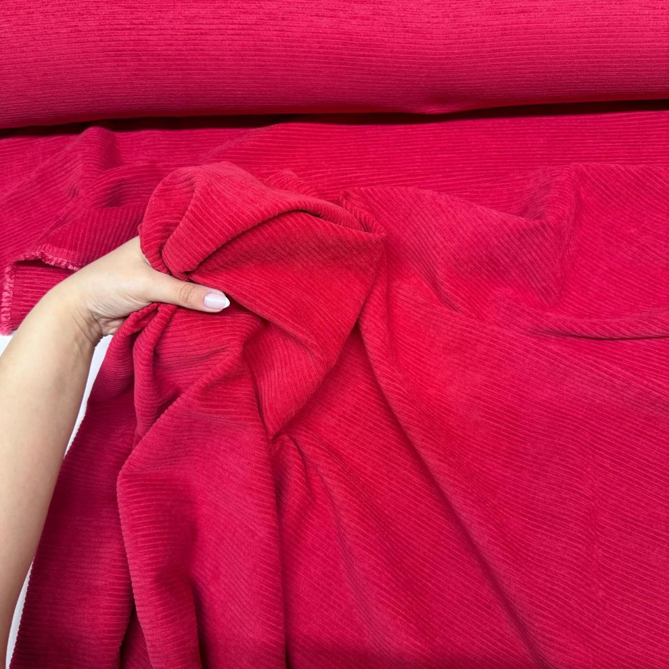 İtalyan Fitilli Kadife Kumaş Çift En Kırmızı