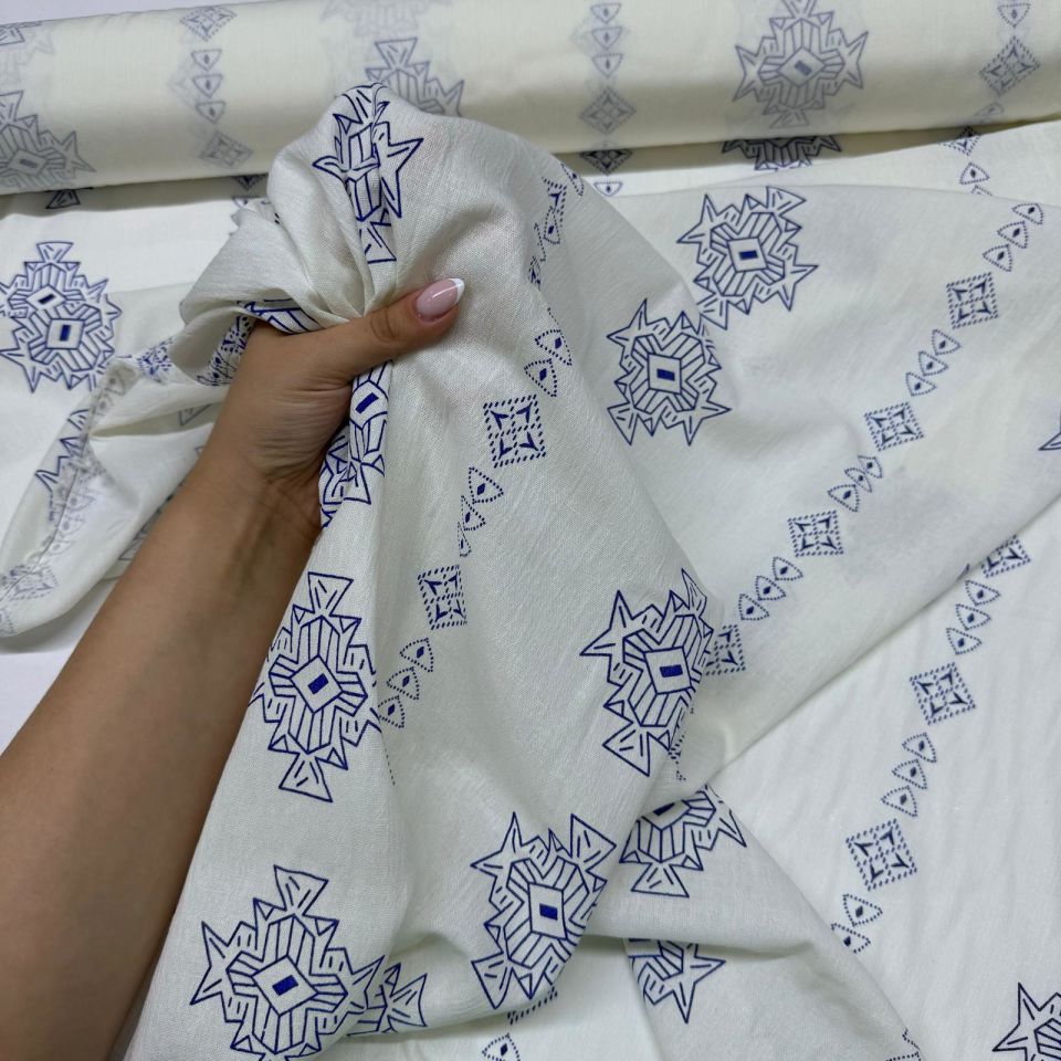 Organik Pamuk Şile Bezi Kumaş Mavi Renk Etnik Desenli Beyaz Zemin