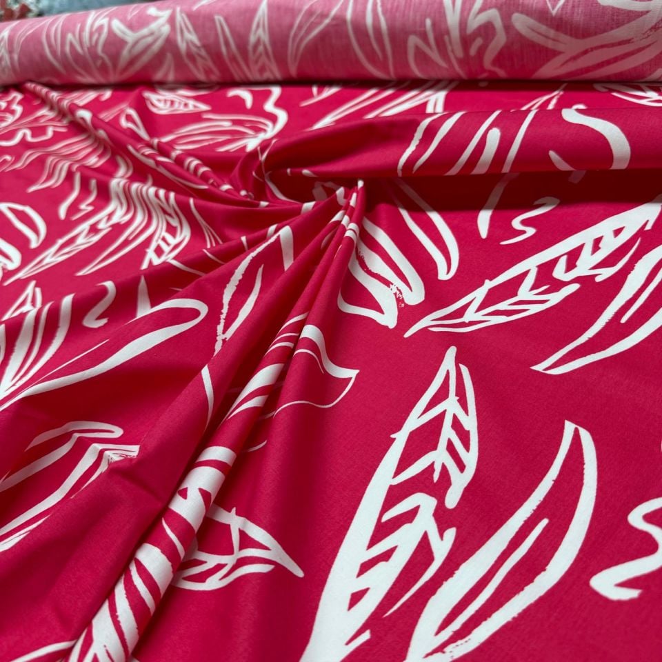 Poplin Kumaş Çift En Pembe Renk Yaprak Desenli