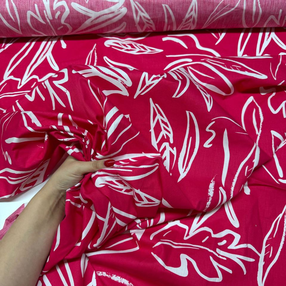 Poplin Kumaş Çift En Pembe Renk Yaprak Desenli