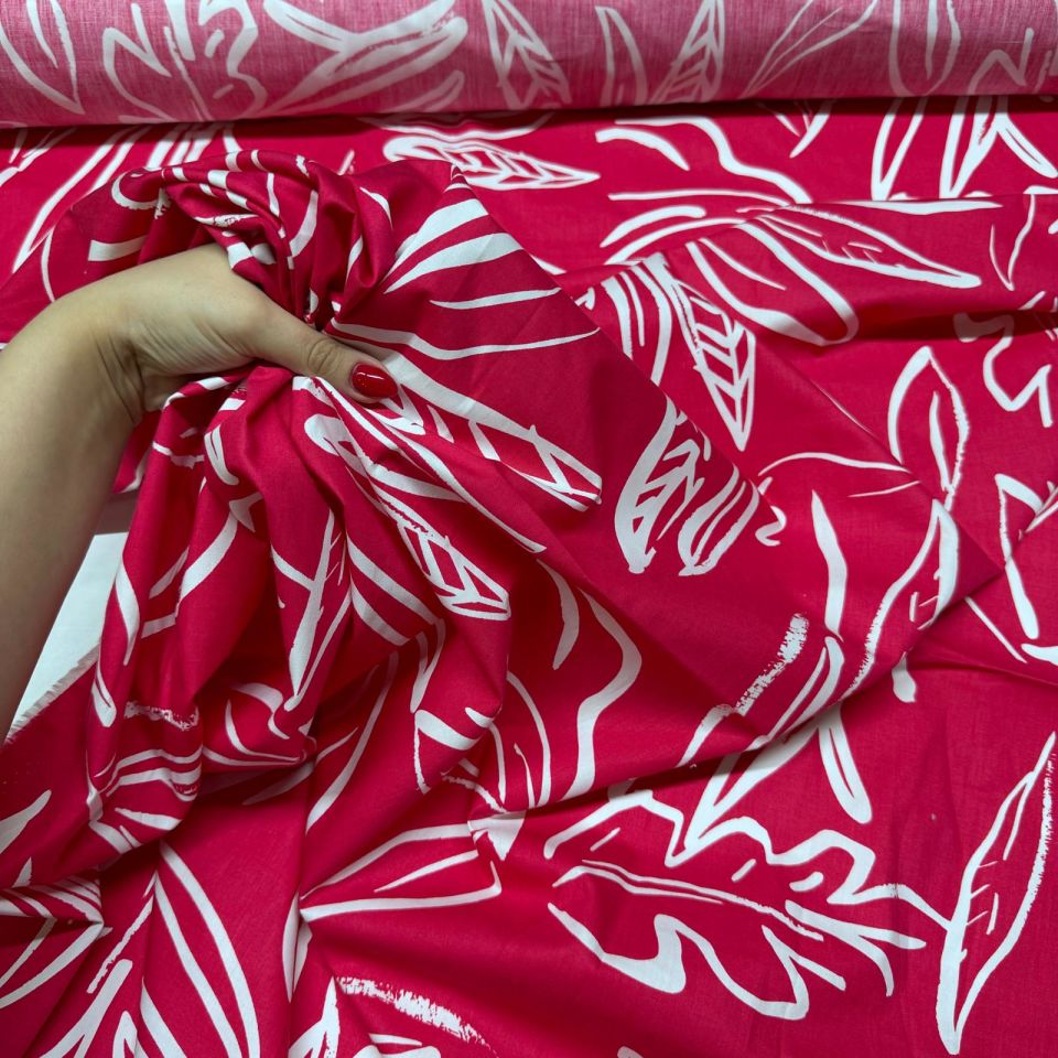 Poplin Kumaş Çift En Pembe Renk Yaprak Desenli