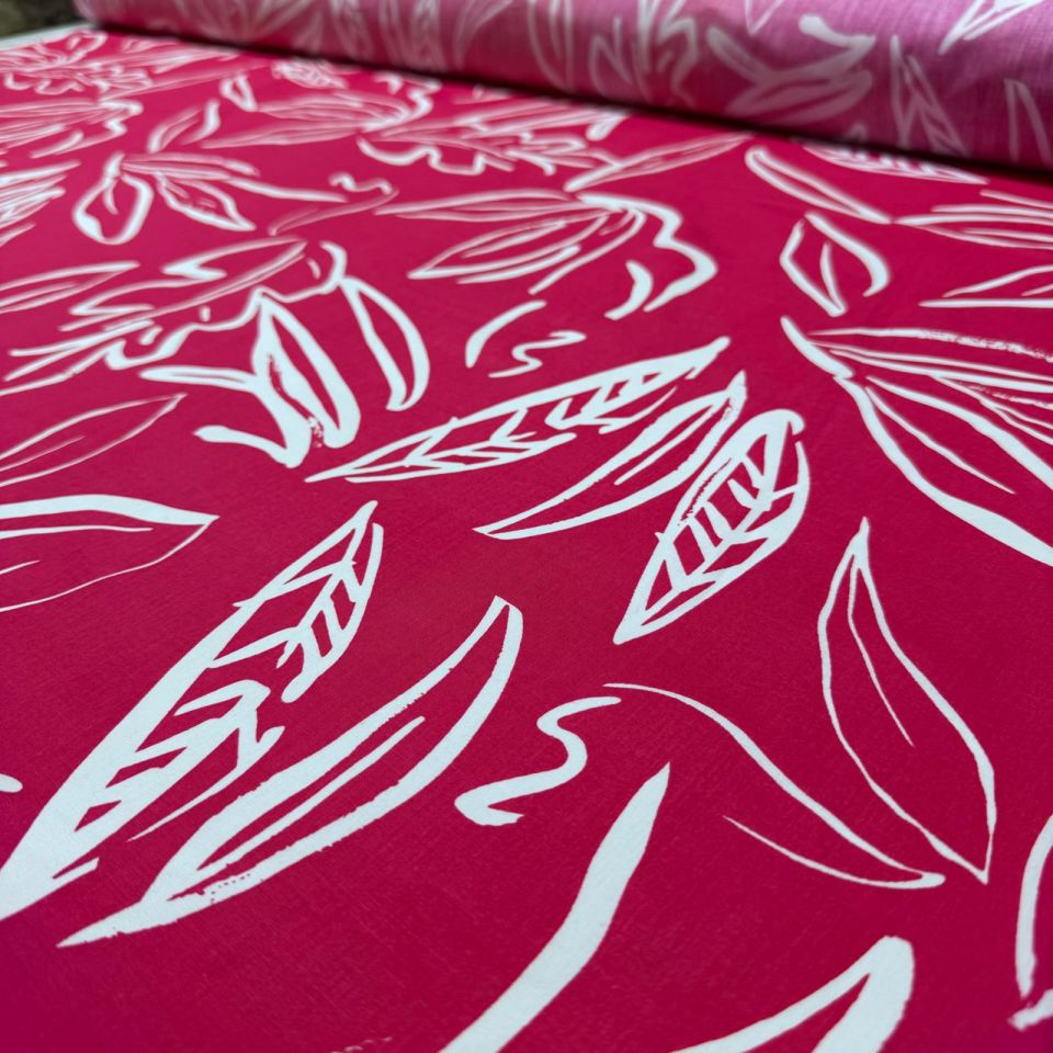 Poplin Kumaş Çift En Pembe Renk Yaprak Desenli
