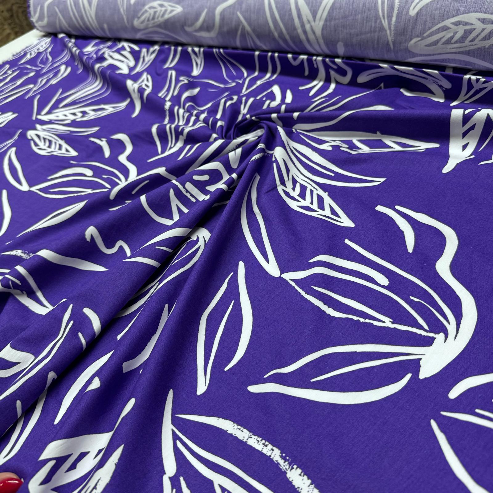 Poplin Kumaş Çift En Yaprak Desenli Mor Renk