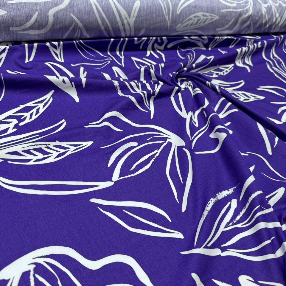 Poplin Kumaş Çift En Yaprak Desenli Mor Renk
