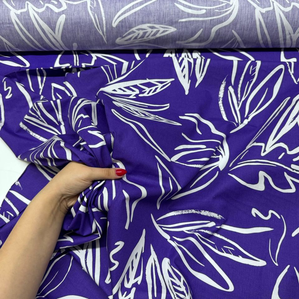 Poplin Kumaş Çift En Yaprak Desenli Mor Renk