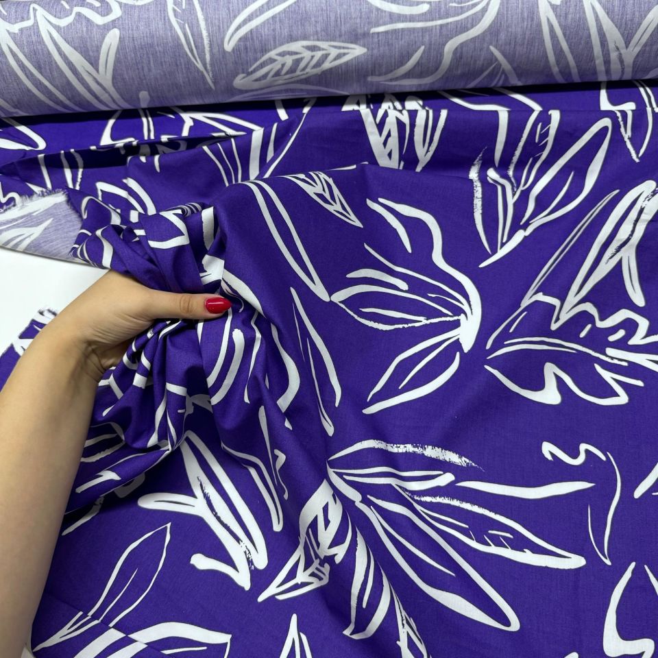 Poplin Kumaş Çift En Yaprak Desenli Mor Renk