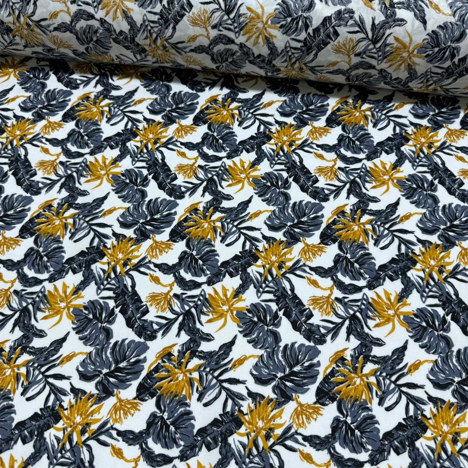 Poplin Kumaş Çift En Hardal Yaprak Desenli