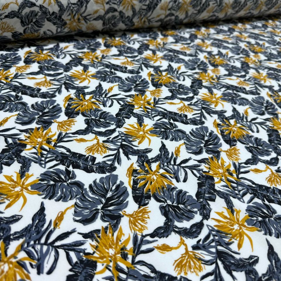 Poplin Kumaş Çift En Hardal Yaprak Desenli