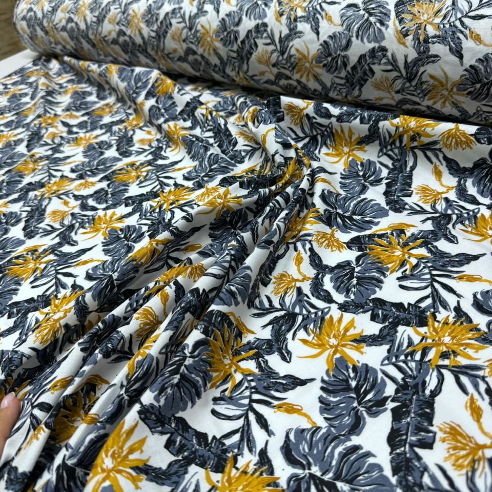 Poplin Kumaş Çift En Hardal Yaprak Desenli