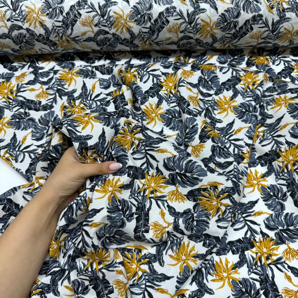 Poplin Kumaş Çift En Hardal Yaprak Desenli