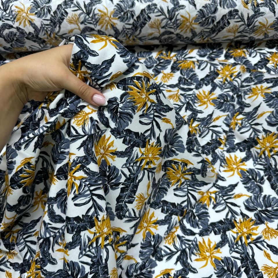 Poplin Kumaş Çift En Hardal Yaprak Desenli